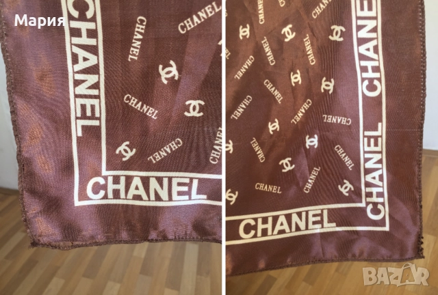 Дамски Квадратен Шал Кафяв Бежов / Кремав Полиестер Сатен Chanel Шанел Лого, снимка 18 - Шалове - 51822664