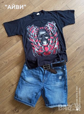 Маркови еластични къси дънки и жестока тениска ръст 164, снимка 1 - Детски къси панталони - 45420792