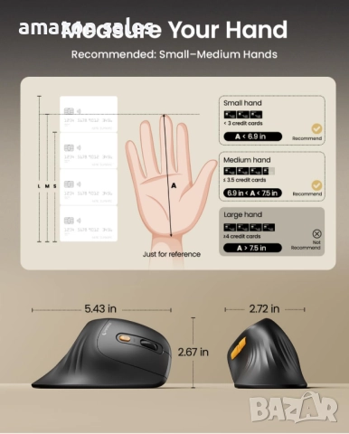 ProtoArc Ергономична мишка EM11 NL Bluetooth презареждаща безжична вертикална връзка с 3 устройства, снимка 6 - Клавиатури и мишки - 51912037