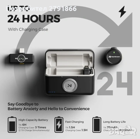 Безжични микрофони NearStream Lavalier с шумопотискане,200м. предаване за смартфон/DSLR/фотоапарат, снимка 4 - Микрофони - 53738023