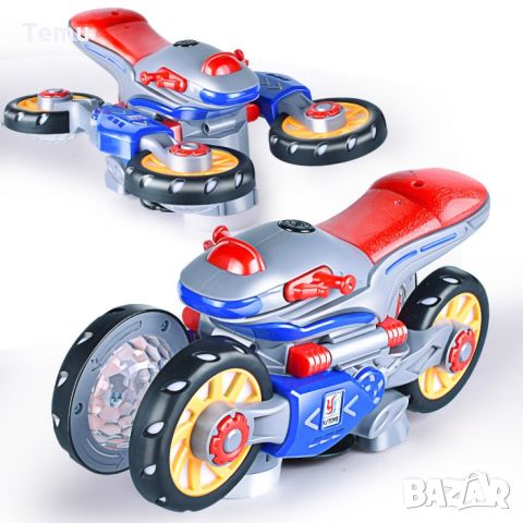 Каскадна, светеща играчка мотор, въртяща се на 360 градуса с подвижни гуми, снимка 3 - Коли, камиони, мотори, писти - 45700149