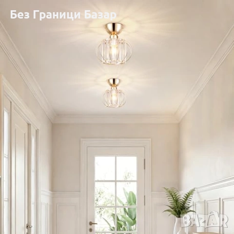 Нов Златист кристален таванен полилей за антре балкон коридор кухня спалня E27 модерен плафон, снимка 3 - Полилеи - 54197867