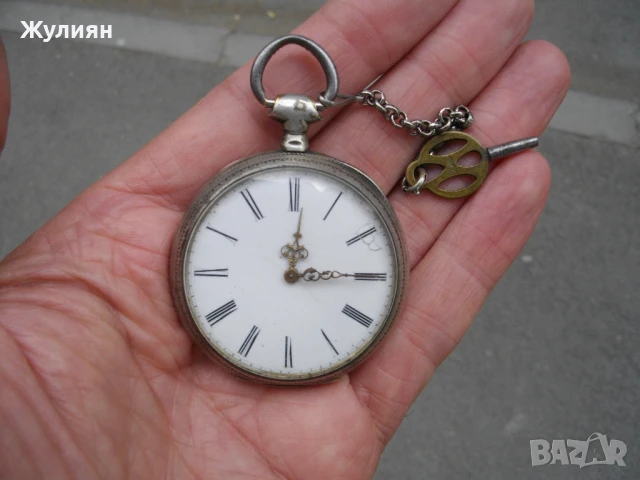 СТАР СРЕБЪРЕН ДЖОБЕН ЧАСОВНИК С КЛЮЧЕ, снимка 2 - Антикварни и старинни предмети - 50996279