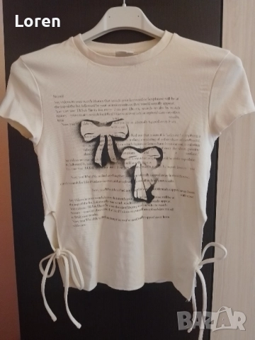 Ново!*Bershka*Къса кремава готина тениска с 🎀 💋панделки🎀💋, снимка 2 - Тениски - 52637542