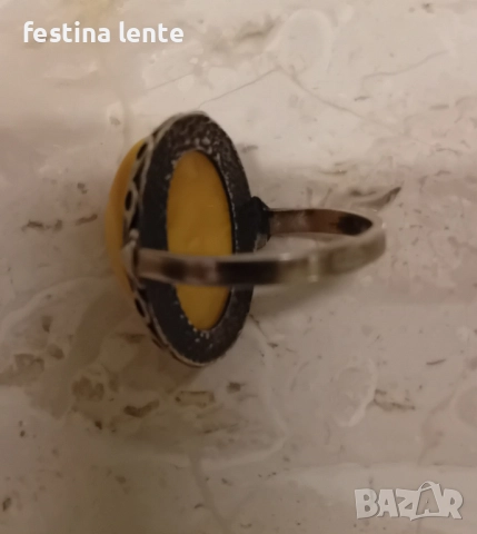 Стар руски сребърен пръстен с яйчен кехлибар, снимка 6 - Пръстени - 52393527