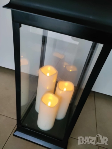 Соларна лампа - LED, фенер в черно с 3 бр. свещи