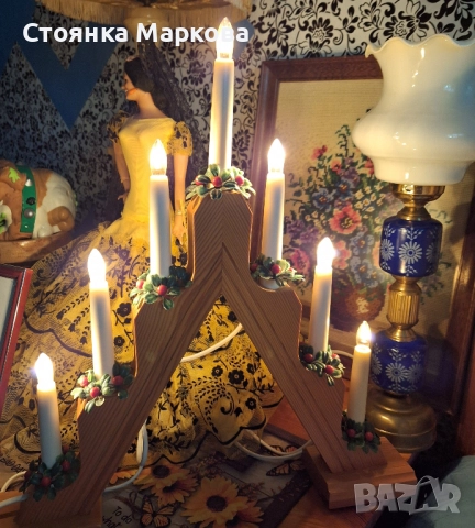 Дървен Коледен свещник с лампички