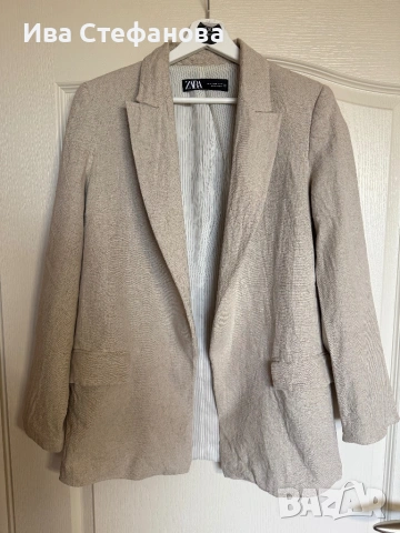  Zara ръстик елегантен бежов блейзър сако овърсайз модел с елегантна раирана подплата вискоза  , снимка 7 - Сака - 49702051