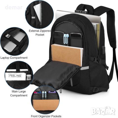 Dewellyo раница за лаптоп 15,6-инча с USB порт за зареждане и ключалка, черна, снимка 2 - Чанти - 45651723