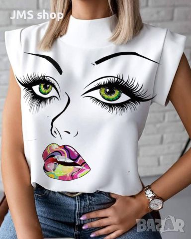 Дамска блуза с къс ръкав и щампа на модно човешко лице, 8цвята , снимка 6 - Тениски - 45715952