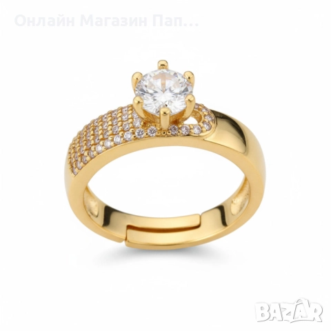 Позлатен дамски пръстен от неръждаема стомана с корона от цирконий, преоразмеряем