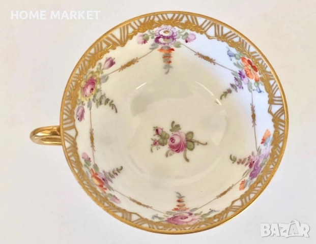 Dresden Germany  Circa 1884  Wolfsohn  Tea Cup & Saucer, Footed, Richly Gilded , снимка 5 - Антикварни и старинни предмети - 52692353