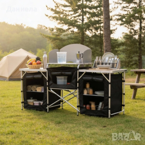 Сгъваема къмпинг кухня с 3 плота – мобилна кухня за къмпинг, пикник и каравана, снимка 4 - Къмпинг мебели - 54153856