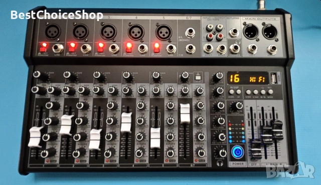 Професионален аудио миксер Depusheng, 7-канален аудио интерфейс, 16-битов DSP DJ Bluetooth миксер, снимка 4 - Аудиосистеми - 54102265