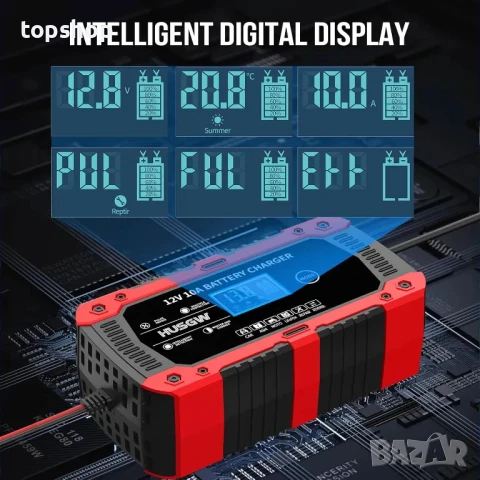 10 A зарядно за кола, 12 V, 7-степенно зареждане , LCD екран, за автомобили, мотоциклети, камиони, снимка 5 - Аксесоари и консумативи - 50542331