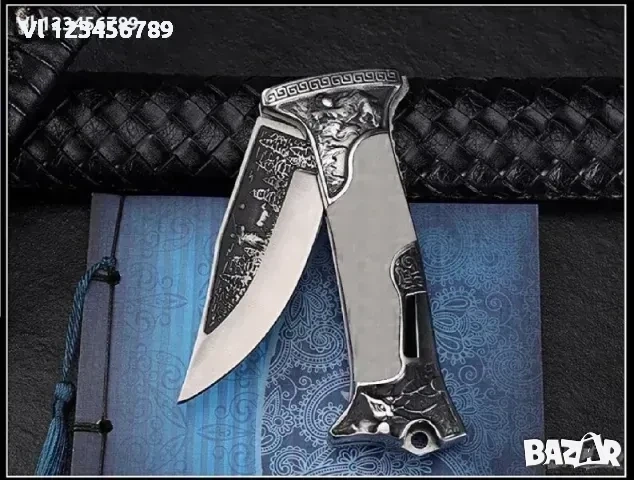 ловен сгъваем нож с кожен калъф гравиран елен и ловец 100х230 мм, снимка 3 - Ножове - 53862457