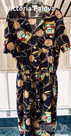 Дамска рокля-риза ARA от памучно трико (Jersey) със златни детайли и верижен принт