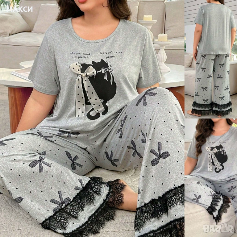 Макси разкошен силно еластичен и мек светло сив комплект/пижама/ с ефектни черни щампи - блуза с кот, снимка 1