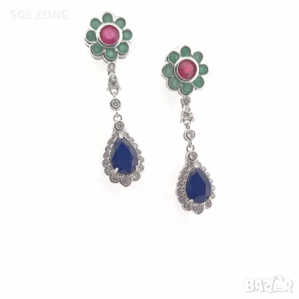 Необичайни Сребърни Обеци с Рубини, Сапфири и Изумруди от Тайланд, снимка 1