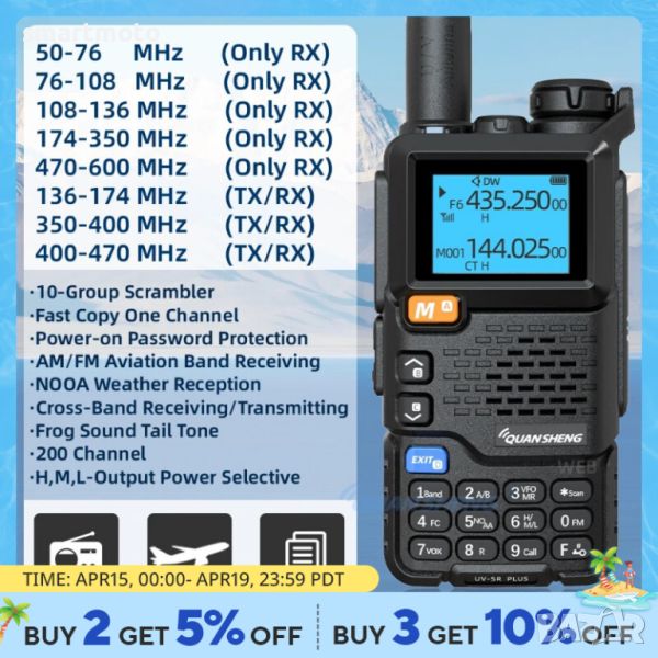 Радиостанция QUANSHENG UV-5R Plus 5W 50-600MHz FM Авио честоти Промо  , снимка 1