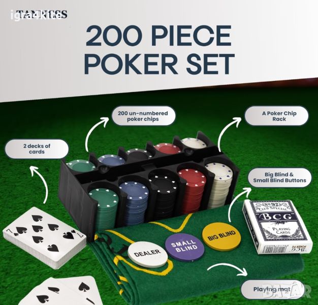 Голям сет Покер в метална кутия 200бр. POKER SET TEXAS с карти и постелка, снимка 1