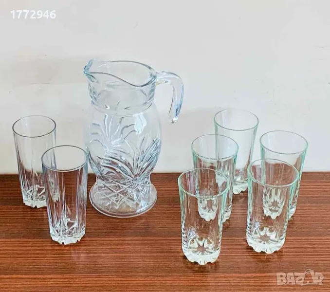 Стъклени водни чаши, кана, снимка 1