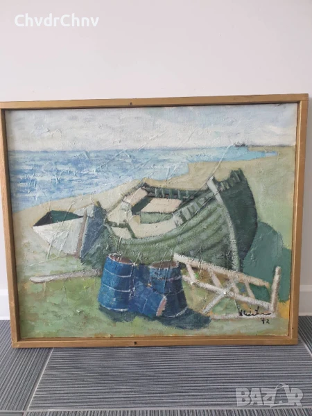 69х58см/стара картина масло върху платно/морски пейзаж/рибарски лодки/1972/дървена рамка, снимка 1