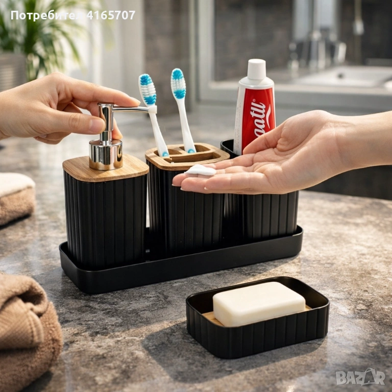 Комплект аксесоари за баня 5 части с табла Cheffinger – диспенсър, чаша, сапунерка и поставка за чет, снимка 1