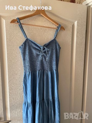 Нова синя ежедневна елегантна дълга еластична  рокля one size универсален размер памучна 100% памук , снимка 3 - Рокли - 46449830