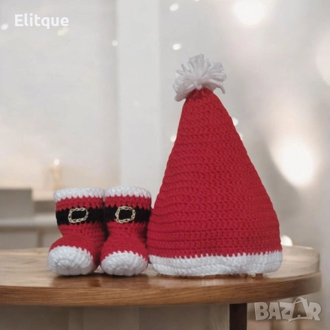 коледен комплект шал и чорапи плетени, снимка 4 - Декорация за дома - 52468227