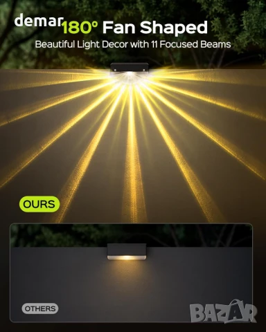 JACKYLED Соларни RGB LED лампи за ограда, 180° ветрилообразен лъч и 11 лъча, 8 цветни режима, 4 броя, снимка 3 - Соларни лампи - 51236192