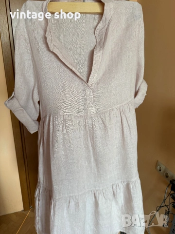 Ленена рокля в бледорозов цвят, размер L, снимка 10 - Рокли - 54080592