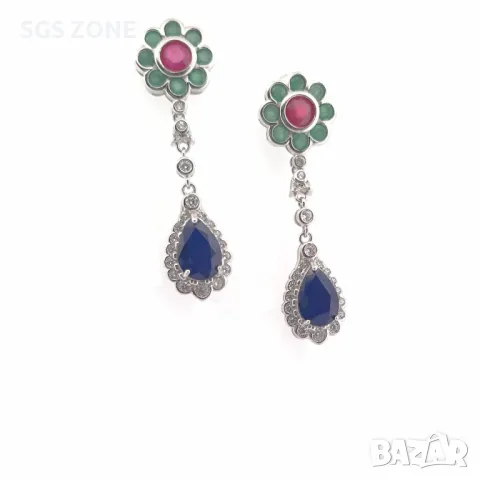 Необичайни Сребърни Обеци с Рубини, Сапфири и Изумруди от Тайланд, снимка 5 - Обеци - 49891261