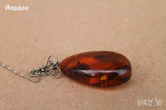 Сребърна игла с кехлибар, снимка 4 - Колиета, медальони, синджири - 49771442