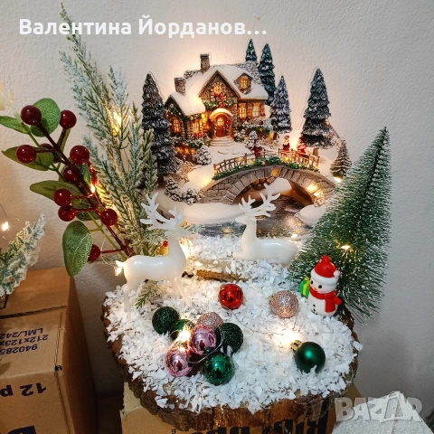 горска къщичка с лед лампи върху дървена шайба , снимка 4 - Декорация за дома - 52720941