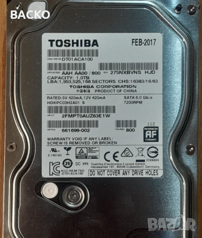 Хард диск 1ТВ 3,5"  TOSHIBA, снимка 2 - Твърди дискове - 54130539