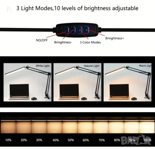 нова настолна LED лампа , 3 типа светлина, 10 нива яркост , снимка 3 - Настолни лампи - 49168815