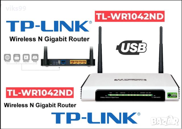 Гигабитов Рутер TP-Link TL-WR1042ND с USB порт, снимка 1 - Рутери - 45776930