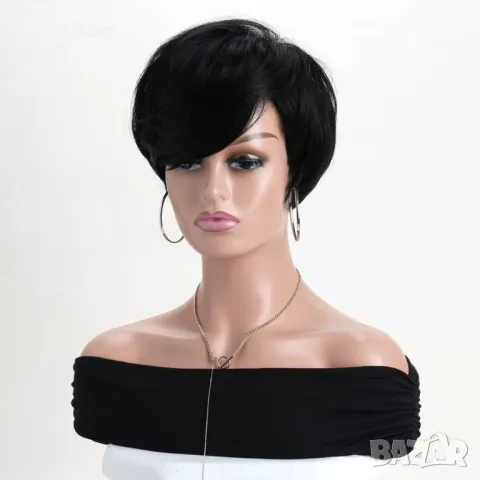 Къса черна синтетична перука, снимка 7 - Аксесоари за коса - 50339573