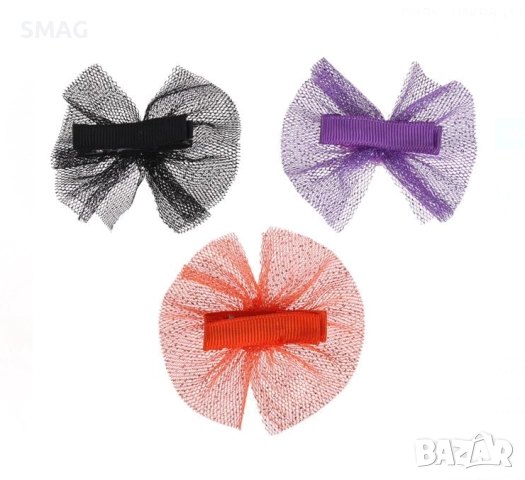 Halloween / Хелоуин фиби за коса с панделки, тюл, паяк, тиква и прилеп с брокат – 7 см_1255385, снимка 2 - Шноли, диадеми, ленти - 52099917