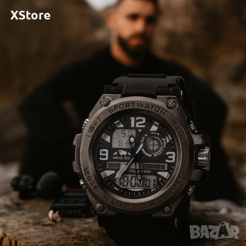Спортен аналогово-дигитален мъжки часовник с подсветка, аларма и водоустойчив корпус, снимка 2 - Мъжки - 51993132