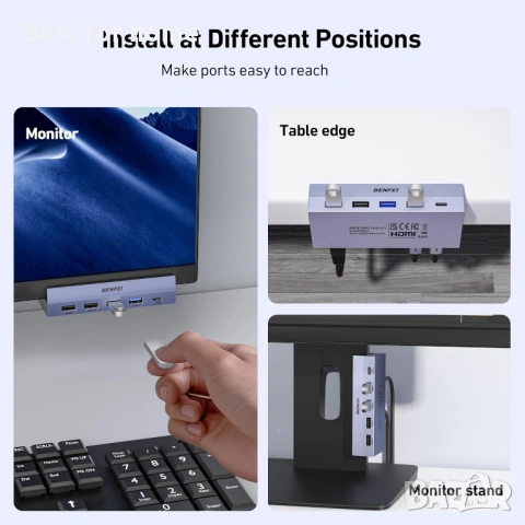 BENFEI 8-в-1 USB C хъб със сигурна скоба – с 4K@60Hz HDMI, Gigabit Ethernet, 100W PD, 10Gbps , снимка 6 - Друга електроника - 53696064