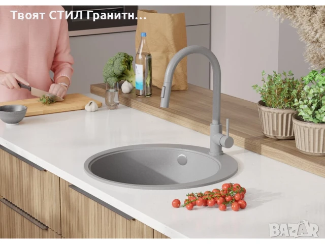 Сива кръгла кухненска гранитна мивка Пиза 50 Top 530 x 530 мм, снимка 2 - Мивки - 51286309