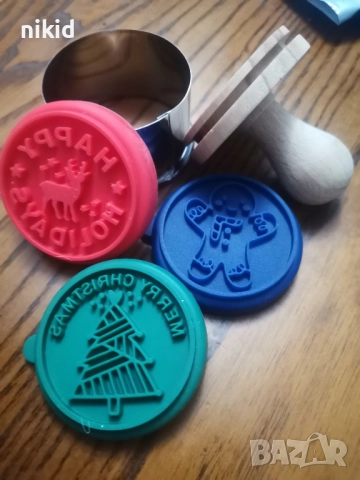 6 вид Коледен печат коледни печати с 3 силиконови приставки ринг дървена дръжка за бисквитки тесто