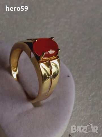Позлатен сребърен пръстен с карнелиан, снимка 4 - Пръстени - 46475880