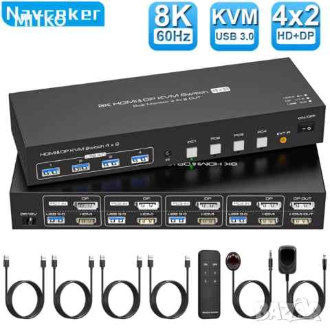 8K HDMI+DP KVM превключвател 4x2