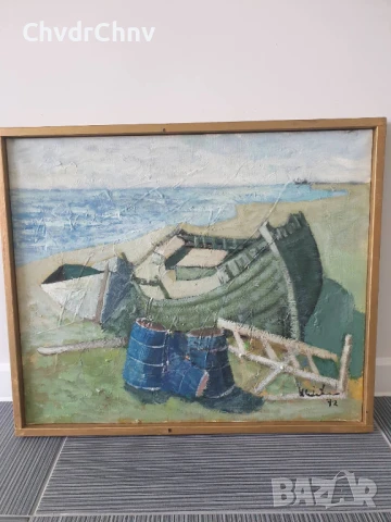 69х58см/стара картина масло върху платно/морски пейзаж/рибарски лодки/1972/дървена рамка