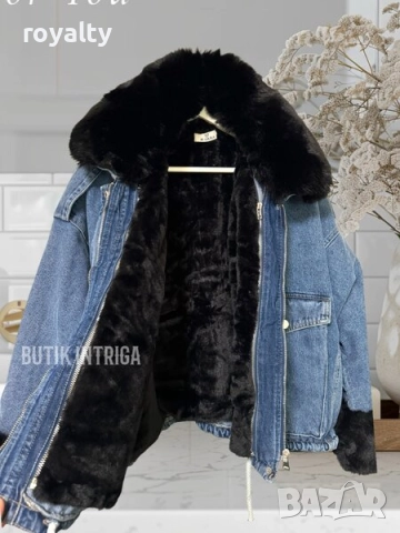 СИНЬО ДЪНКОВО ЯКЕ С ЧЕРЕН ПУХ, снимка 5 - Якета - 52648353