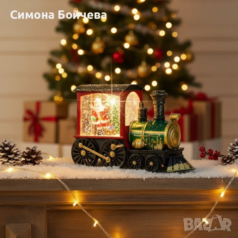 Коледна декоративна композиция „Влакът на Дядо Коледа“ с LED светлина, вода и брокат