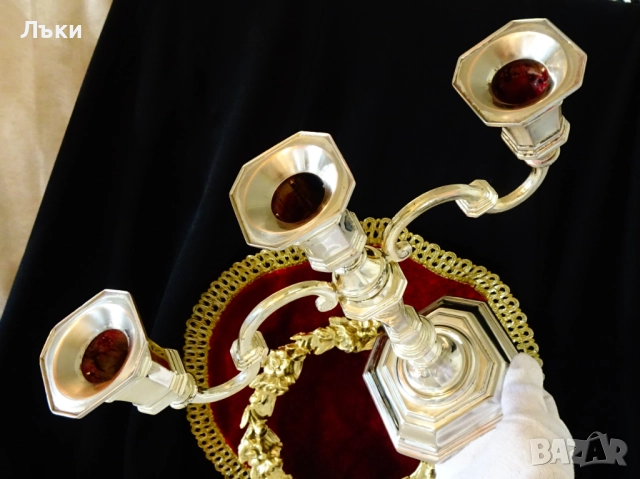 Посребрен свещник тройка,троен свещник от мед. , снимка 8 - Антикварни и старинни предмети - 52978362